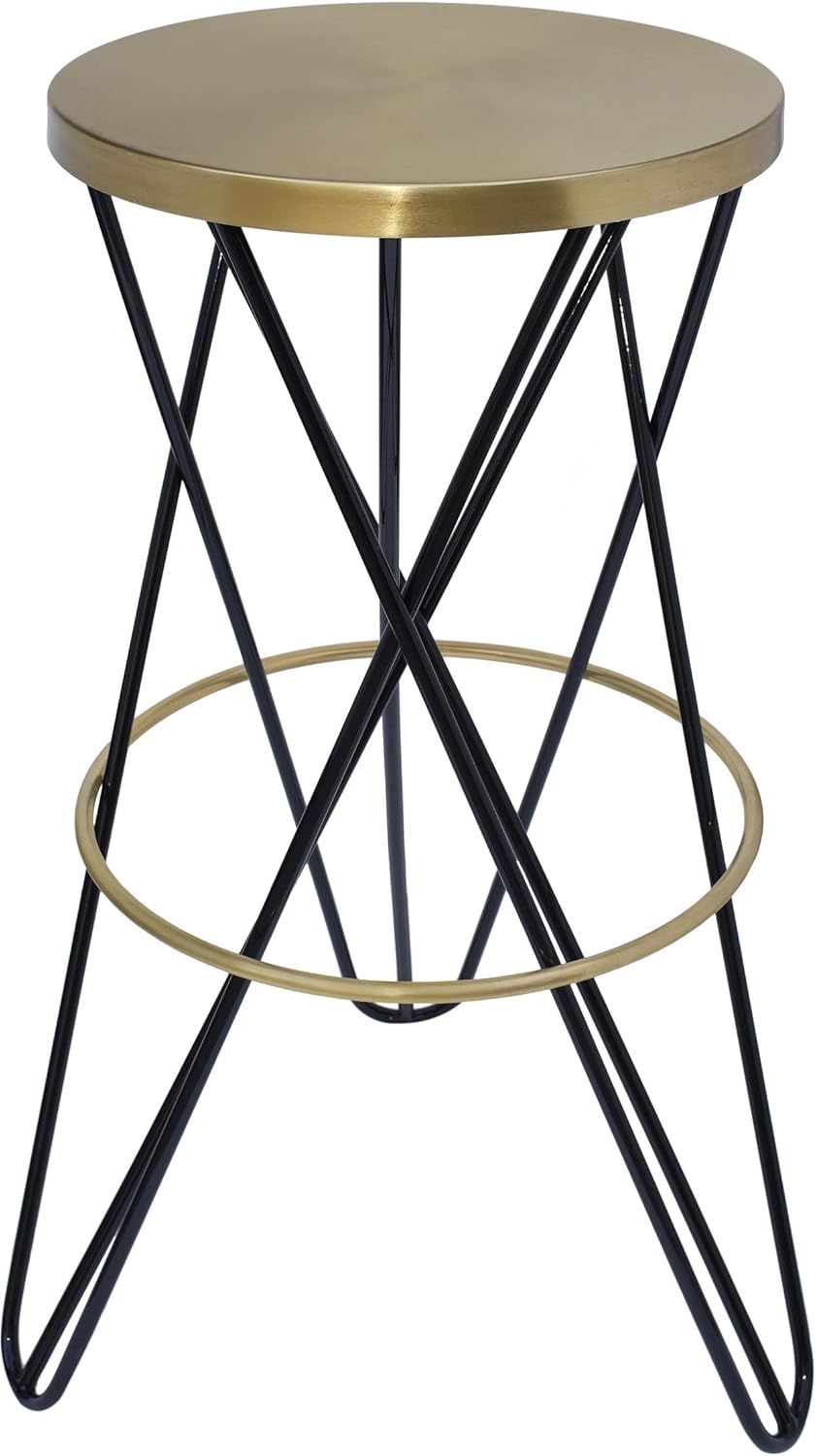 Meridian Furniture 946Black Mercury Collection Modern | Contemporary Iron Stool in Brushed Gold Iron Finish, Black Powder Coating, Bar Height