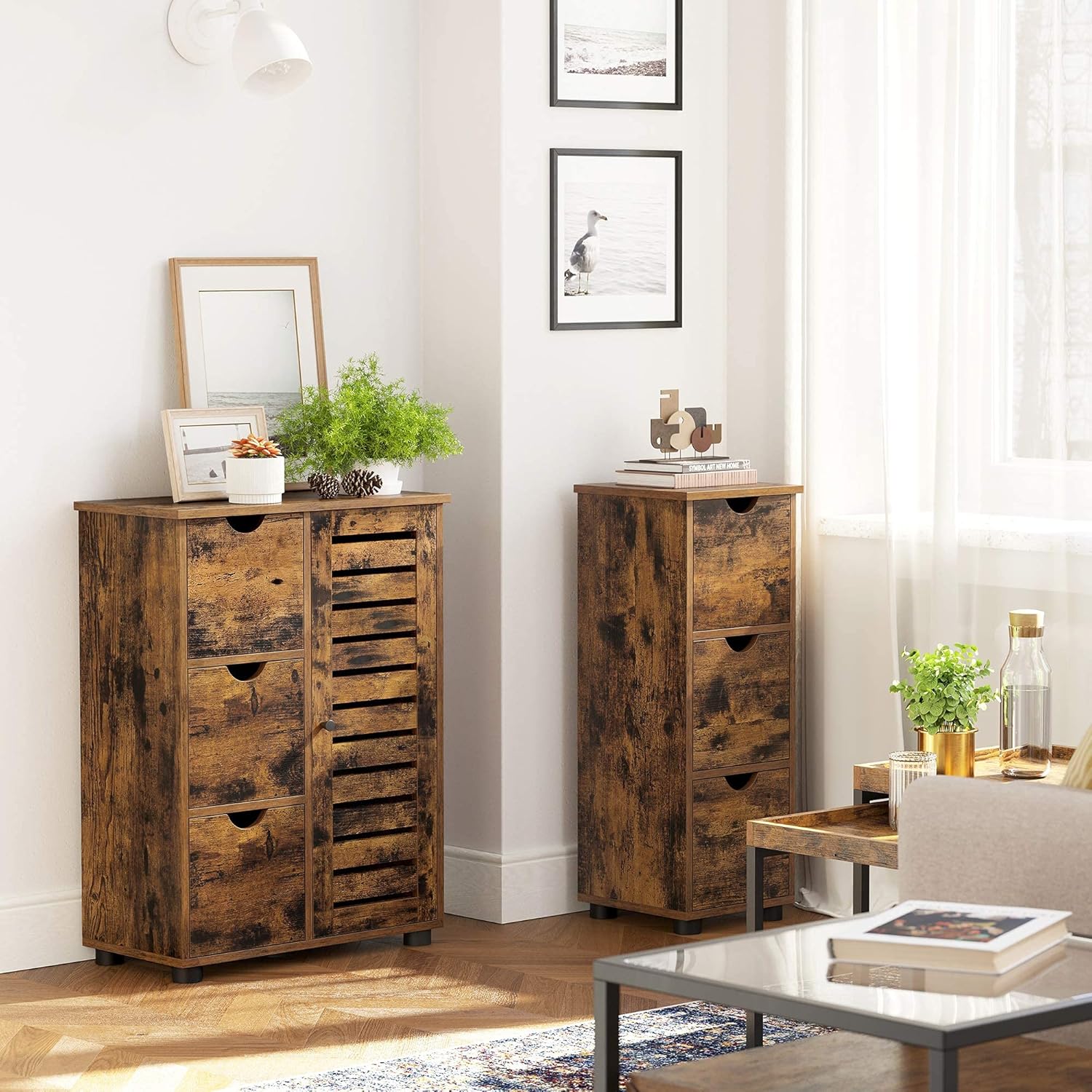 VASAGLE Bathroom Cabinet Floor Cabinet, Storage Cabinet Free-Standing with 3 Drawers, 11.8 x 11.8 x 31.5 Inches, for Bathroom, Living Room, Kitchen, Rustic Brown UBBK150X01 Pack of 2