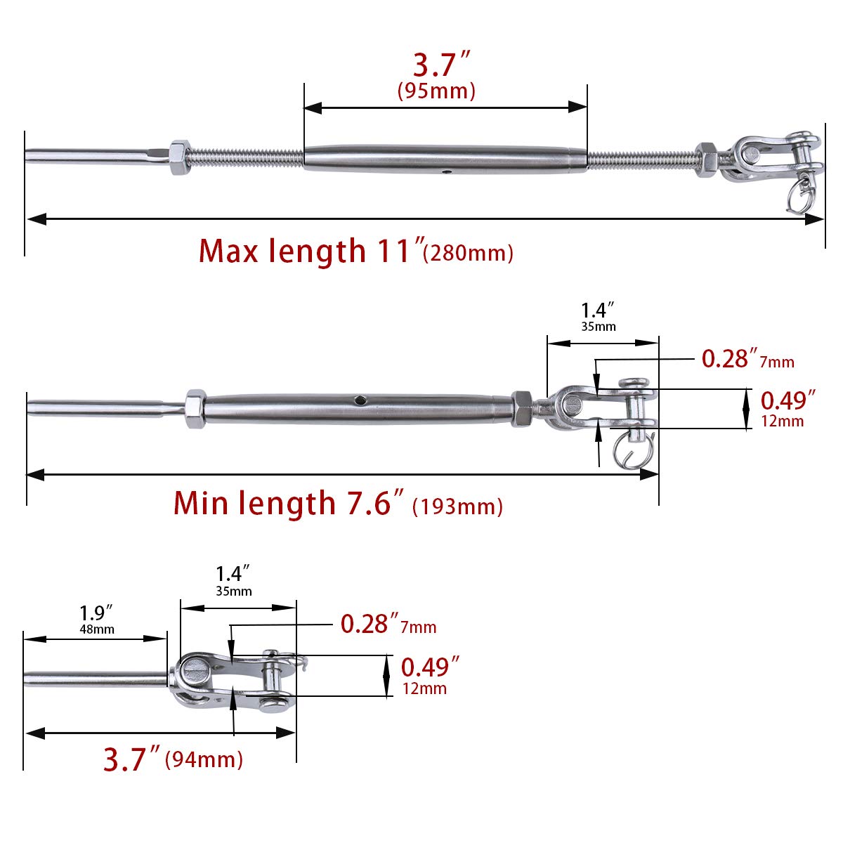 Muzata 10Set 1/8'' Jaw and Jaw Turnbuckle Angle Adjustable for Boat Deck Railing Rigging Hardware T316 Stainless Steel Marine Grade CK22 Pack of 2