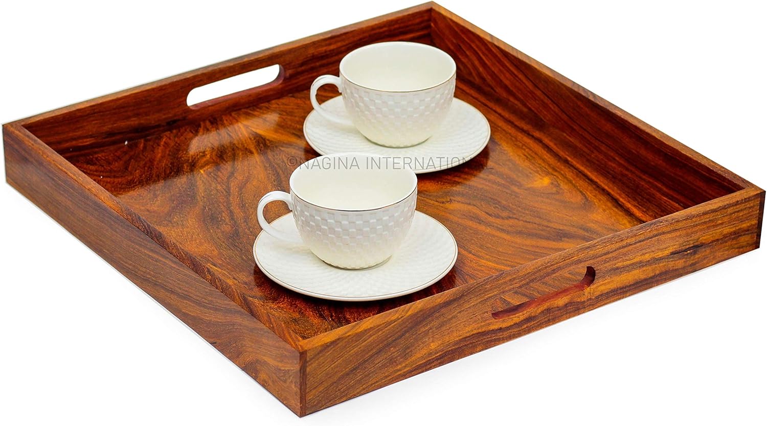 Walnut Premium Polished Hand Crafted Wooden Dinner Serving Kitchen Tray | Restaurant's Decor Wooden Platters | Nagina International Pack of 2