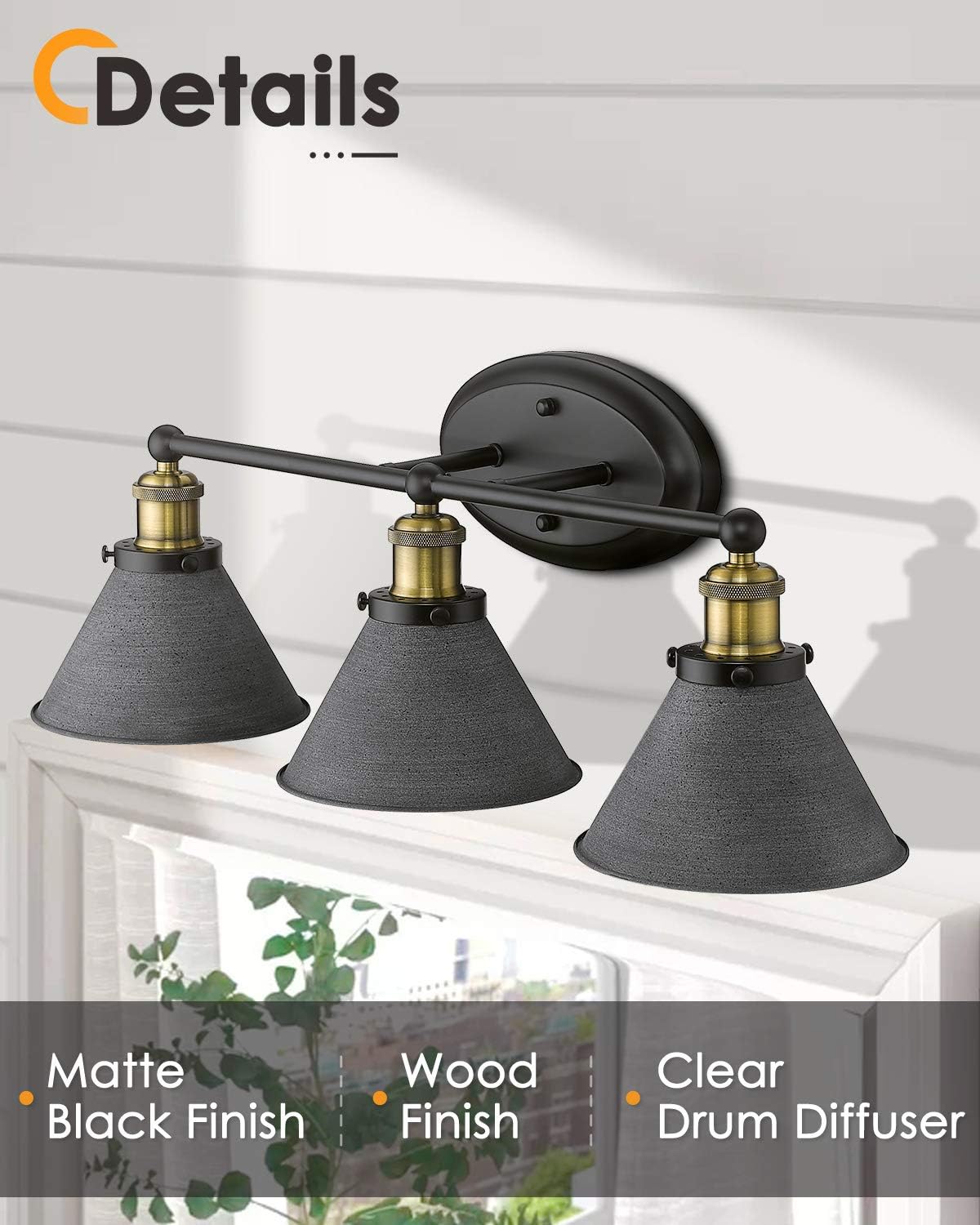 Osimir Farmhouse Bathroom Vanity Light Fixtures, 3-Light Bathroom Light Fixtures in Stone Black Cones Shade, 27 inch Lager Bathroom Lights Over Mirror, WL9172-3