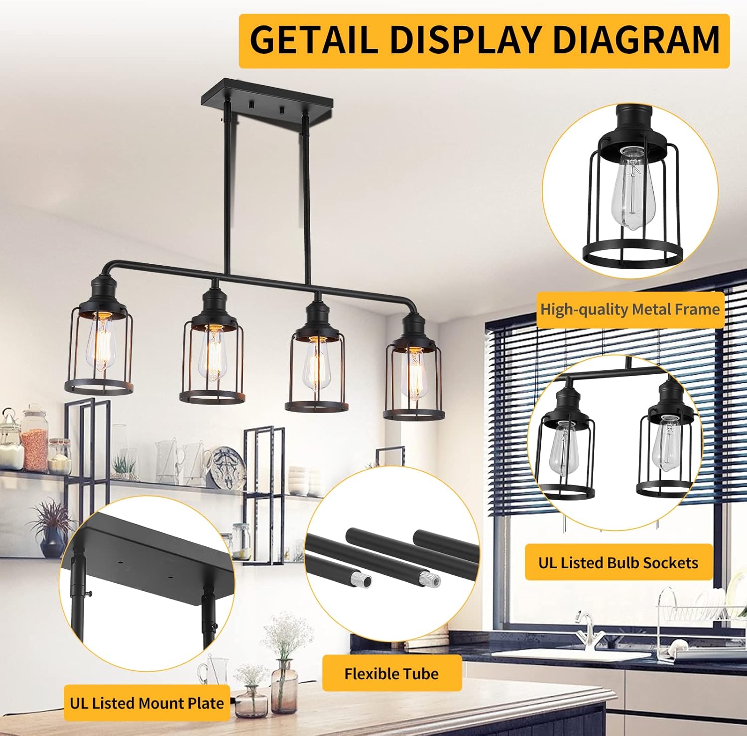 MAVCADONF Kitchen Island Light,4-Light Dining Room Light Fixture, Cage Linear Pendant Lighting for Kitchen Island Dining Table Living Room, Black Metal