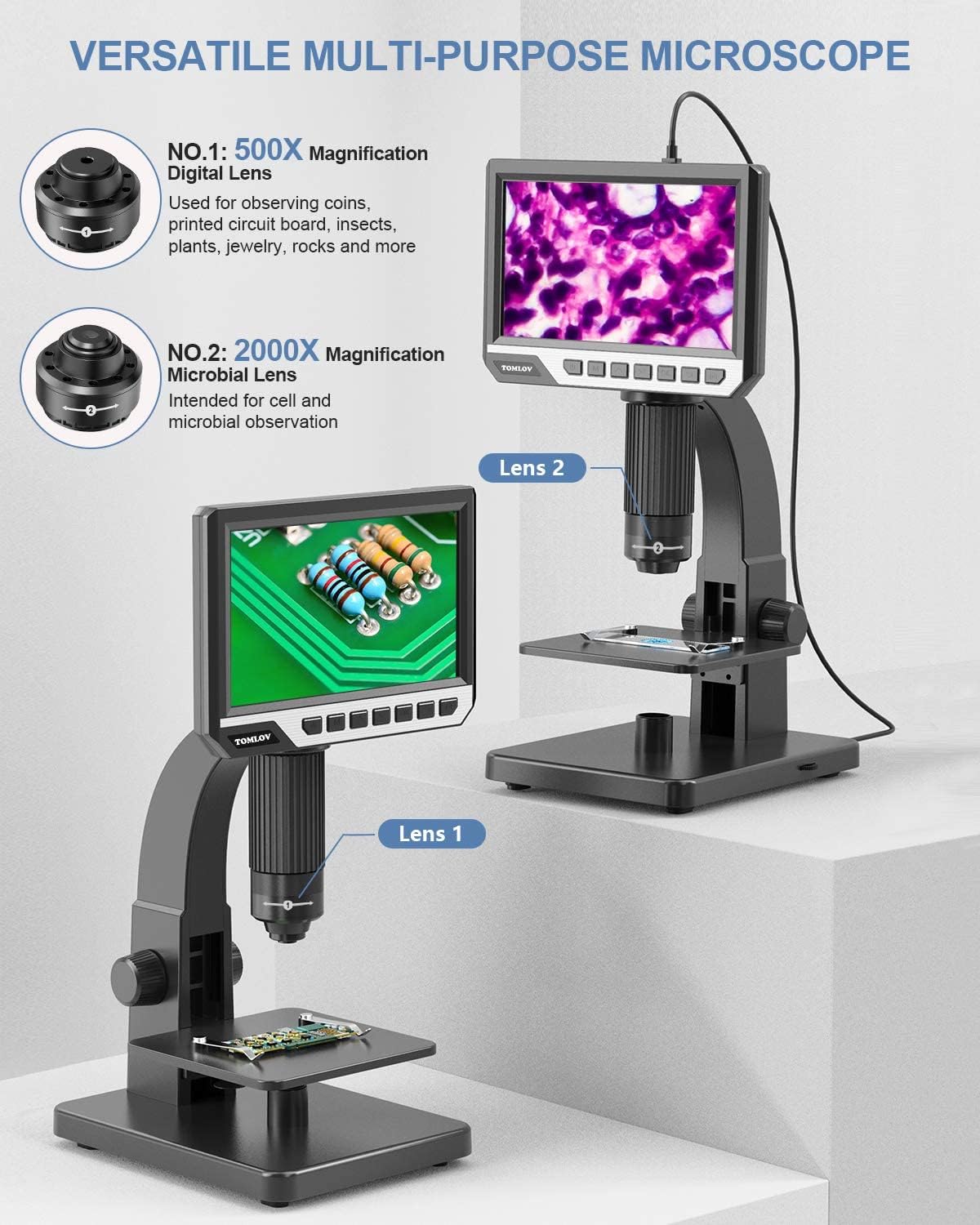 TOMLOV DM11 LCD Digital Microscope with 2000X Dual Lens(Digital & Microbial Lens), 7'' IPS Display∣10 LEDs∣12MP Resolution∣Windows/Mac OS Compatible, SD Card Included