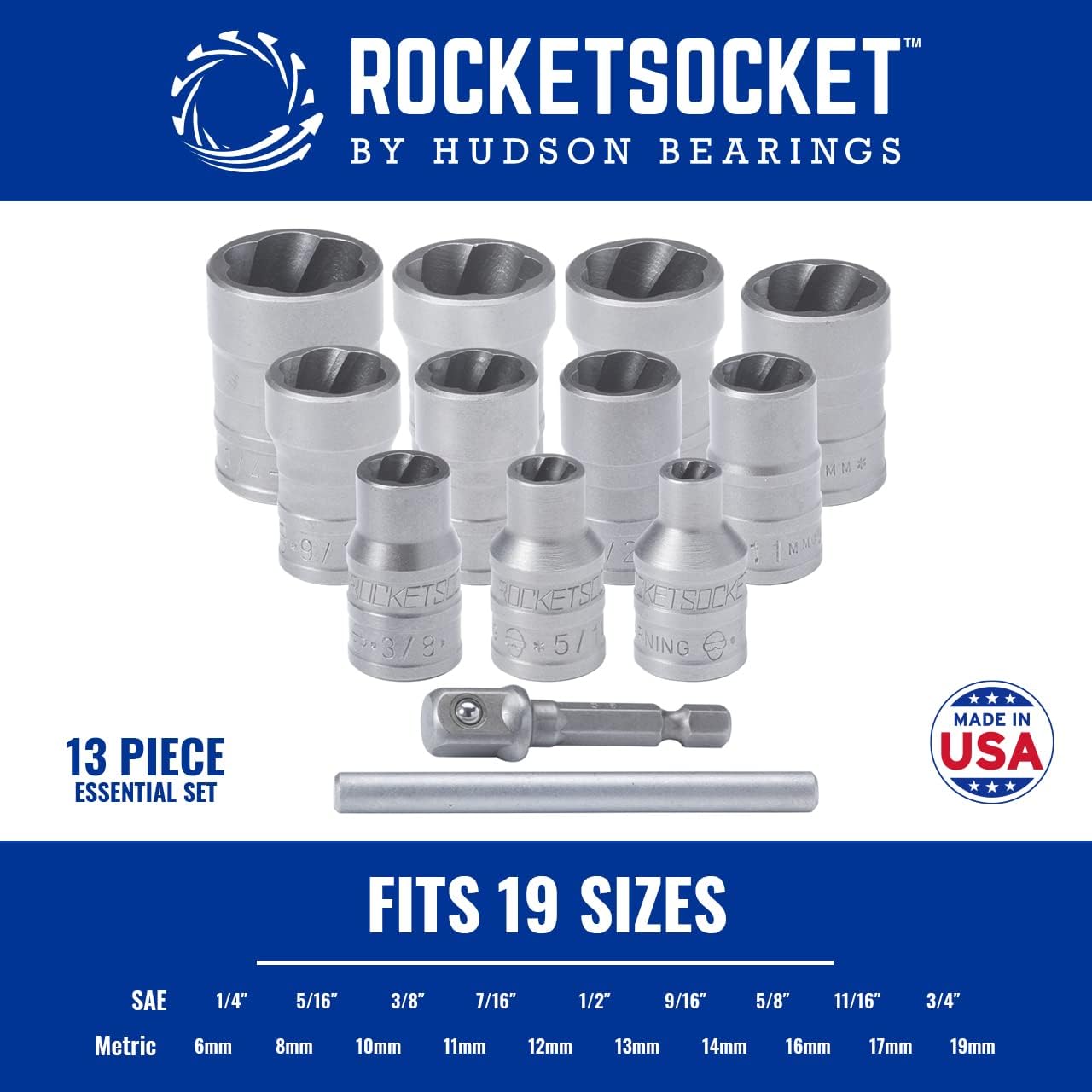 ROCKETSOCKET | 13 Piece Impact Grade Extraction Socket Set | Made in USA | ⅜&rdquo; Drive | Remove stripped, frozen, rounded-off Bolts, Nuts & Screws