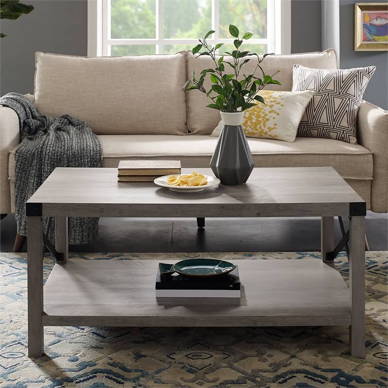 Pemberly Row 40x22 Metal Coffee Table in Gray Wash and Black