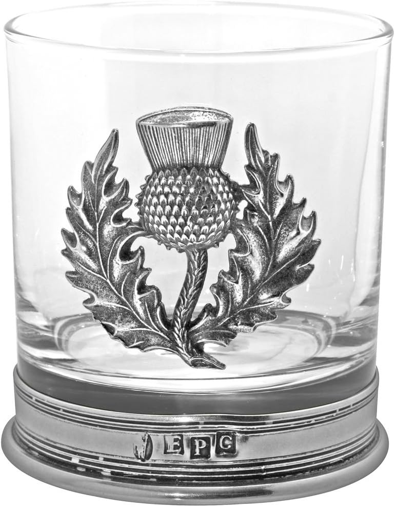 English Pewter Company 11oz Old Fashioned Whisky Rocks Glass With Stylish Scottish Pewter Thistle and Base [SG705] Pack of 2
