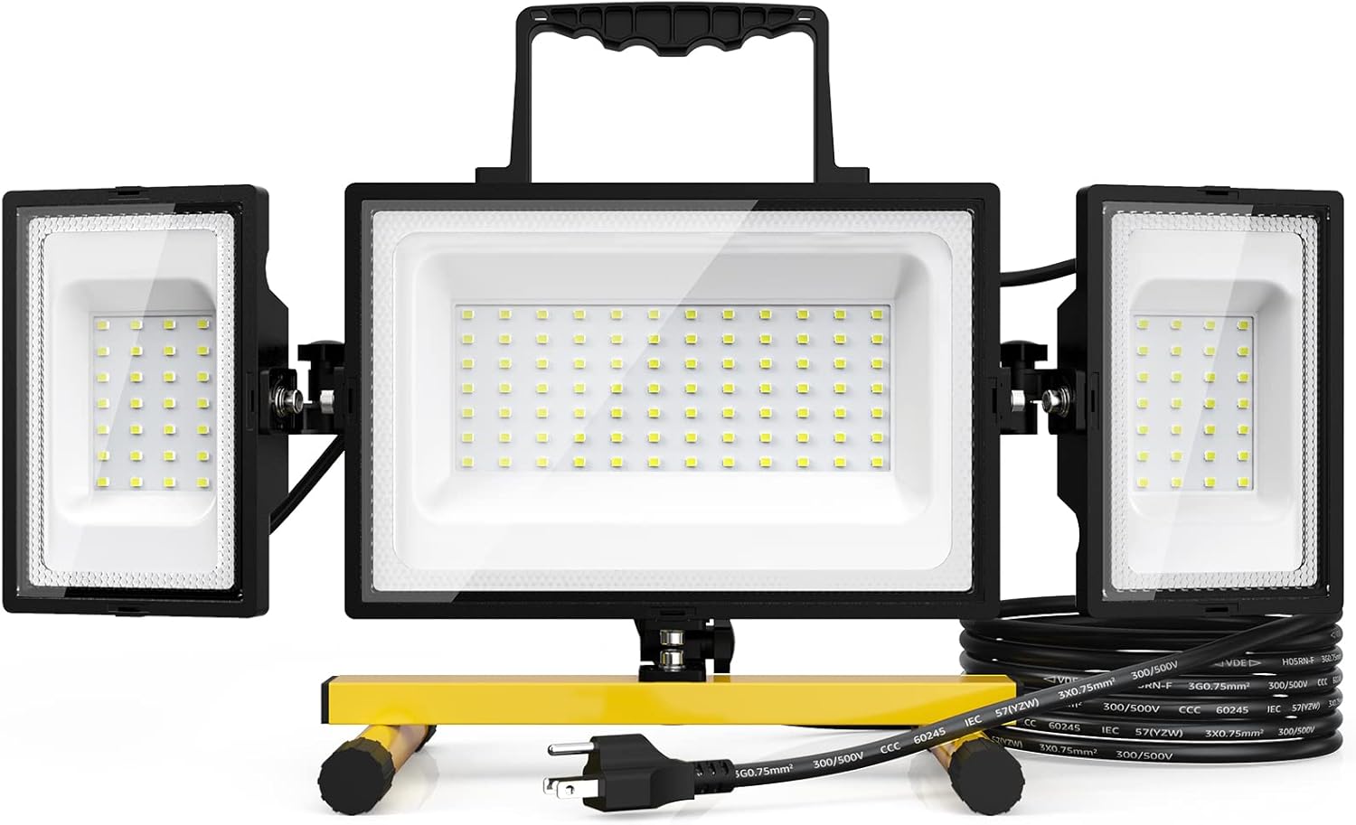 Olafus 80W LED Work Light Triple Adjustable Heads, 6700LM Rotating Lighting, IP65 Waterproof Job Site Lighting with Stand for Construction Site Jetty Garage 6500K Daylight White, 16.4 Feet Power Cord Pack of 2