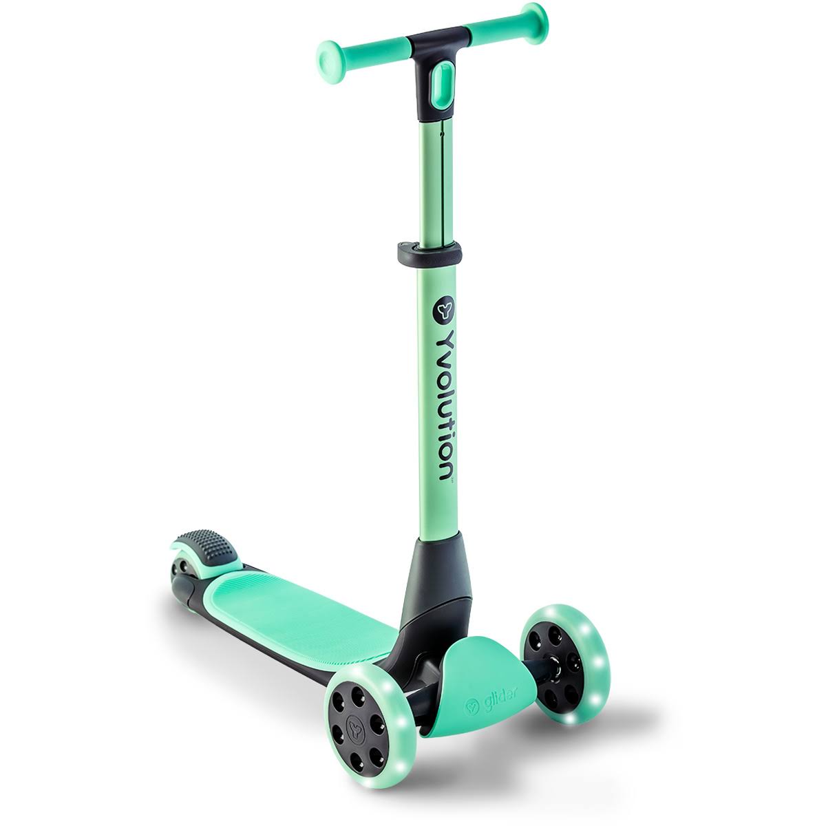 Yvolution Y Glider Nua Green | Three Wheel Foldable Kick Scooter for Kids with Storage Accessory for Children Ages 3+ Years
