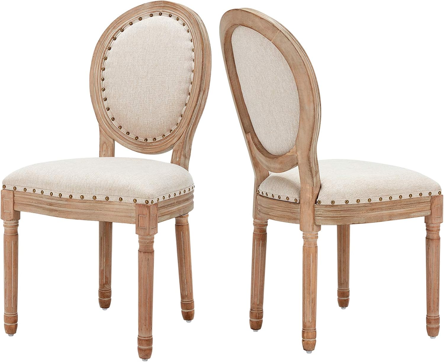 AVAWING Farmhouse Fabric Dining Room Chairs 4 PCS, French Chairs with Round Back, Brown Wood Legs, Oval Side Chairs for Dining Room/Living Room/Kitchen/Restaurant, Light Grey