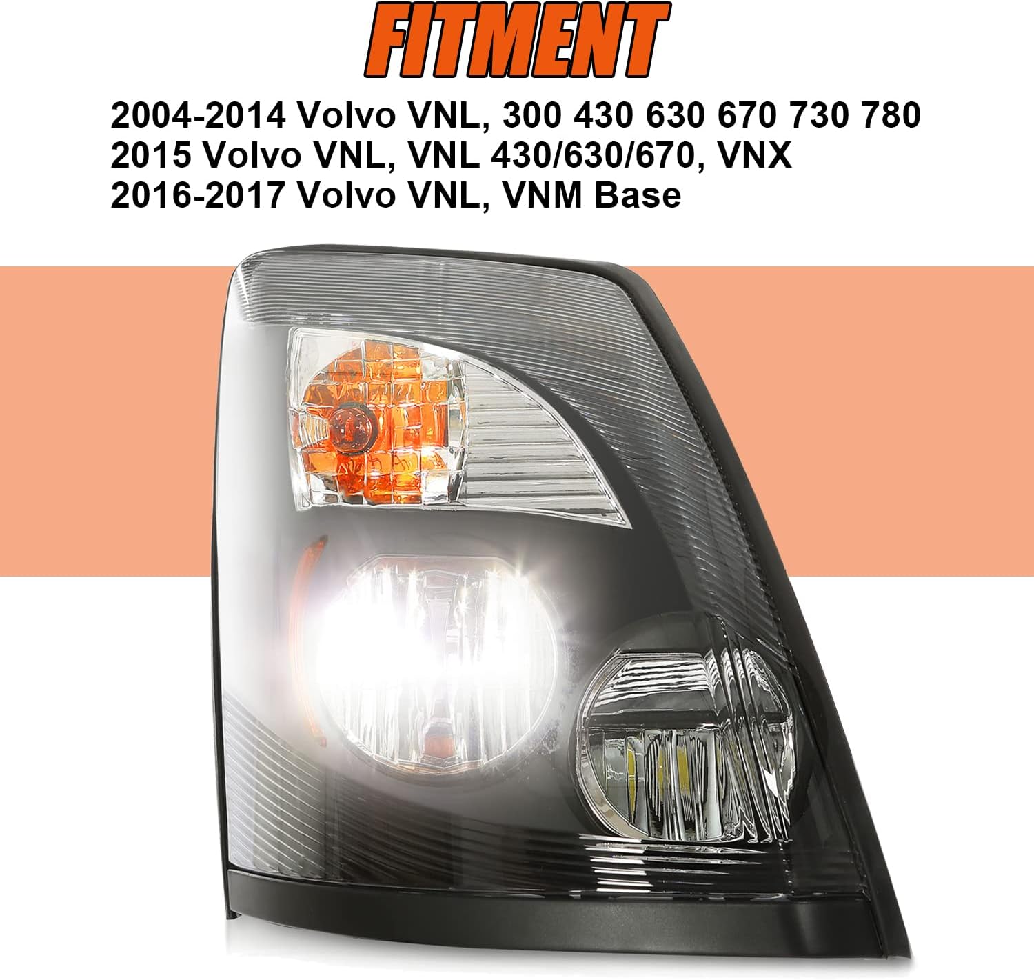Kojem LED Headlight Right Compatible with 04-17 Volvo VNL, VNX Black Headlamp Passenger Side