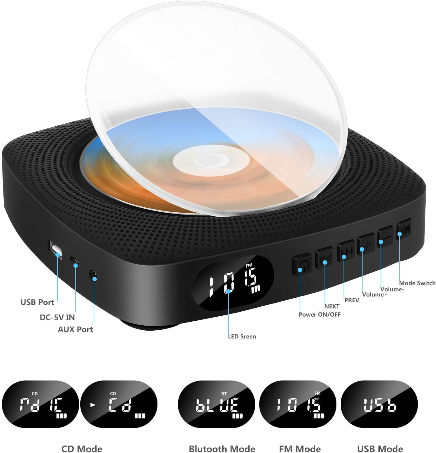 Portable CD Player with Bluetooth Boombox 4000mAh, dust Proof Wall Mounted CD Music Player, Home Audio Speaker with Remote Control, FM Radio, USB MP3 Headphone Jack AUX Input and Output (Black)