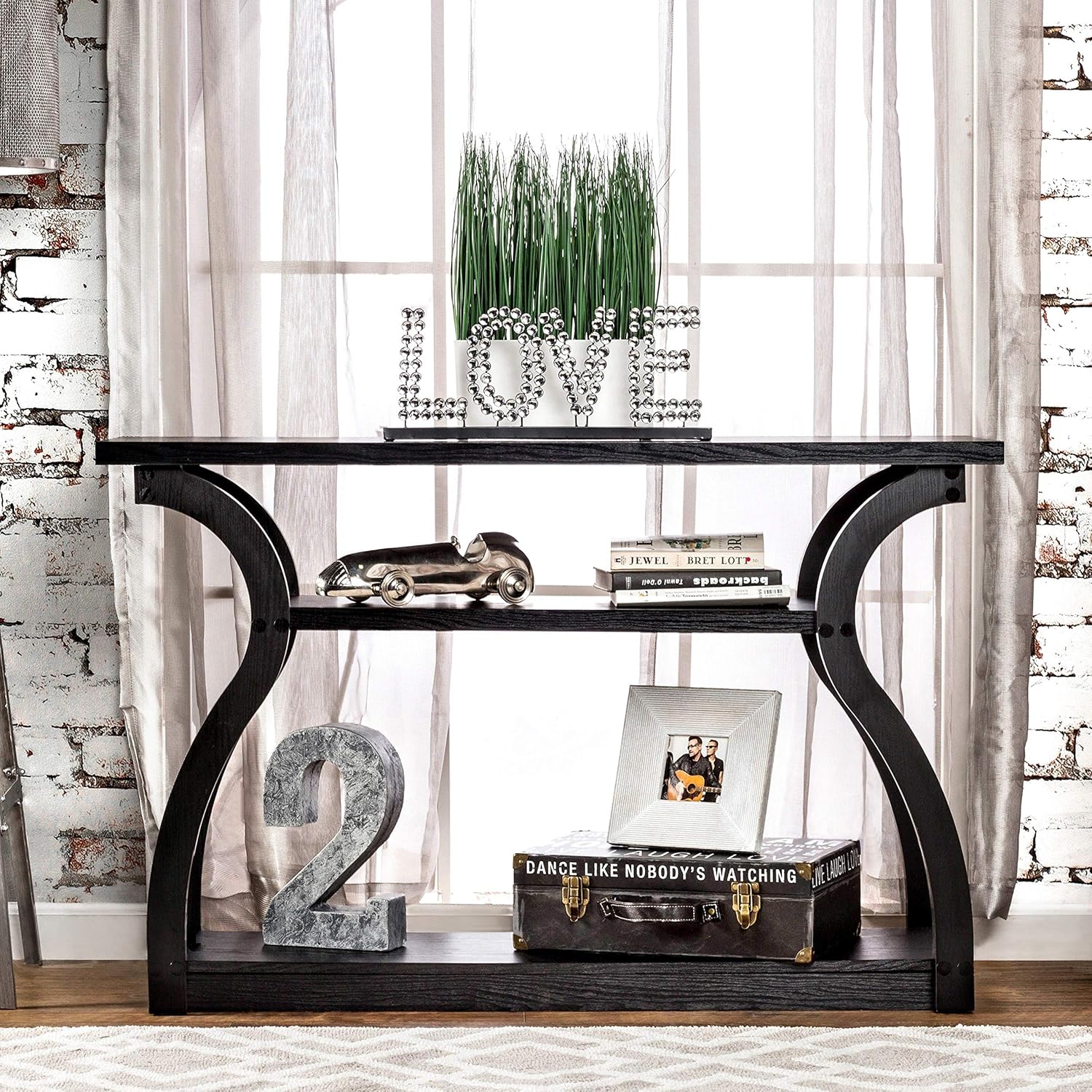 Modern Black 2-Shelf Console Table Foa Contemporary Transitional Rectangle MDF Wood Finish Includes Hardware Shelf