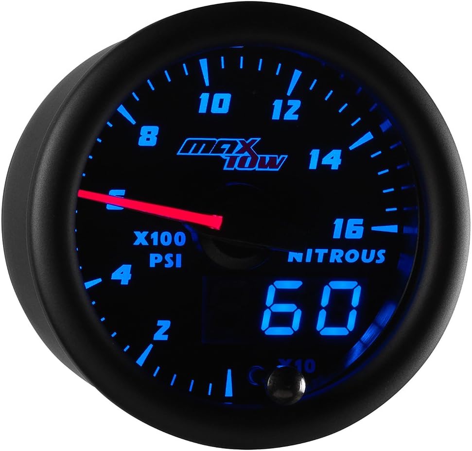 MaxTow Double Vision 1,600 PSI Nitrous Pressure NOS Gauge Kit - Includes Electronic Sensor - Black Gauge Face - Blue LED Illuminated Dial - Analog & Digital Readouts - 2-1/16