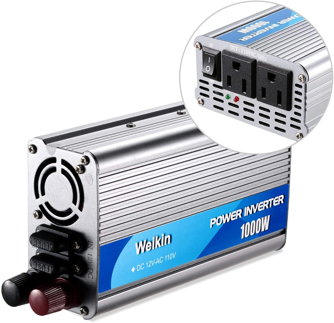 Power Inverter 1000W，DC to AC Converter 12V to 110V 1000Watt Modified sine Wave Inverter with Battery Clips Pack of 2
