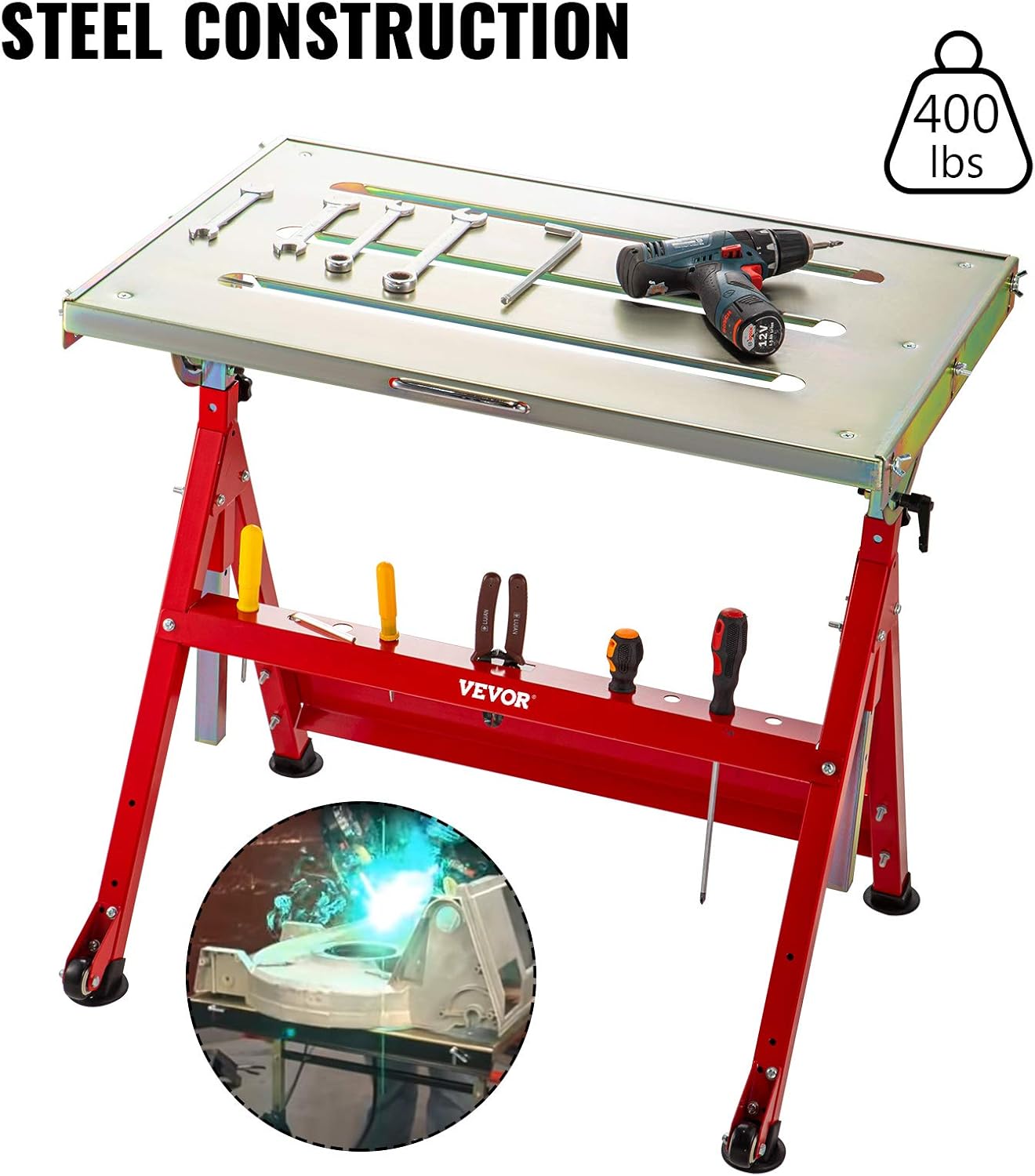 VEVOR Welding Table 30'' x 20'' Steel Welding Table Three 1.1 in. / 28mm Slots Welding Bench Table Adjustable Angle & Height Portable Table, Casters, Retractable Guide Rails, Eccentric Leveling Foot