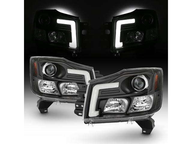 Fits 2004-2015 Titan / 04-07 Armada [C-Tube Style] LED Projector Black Headlights Left+Right Pair Set