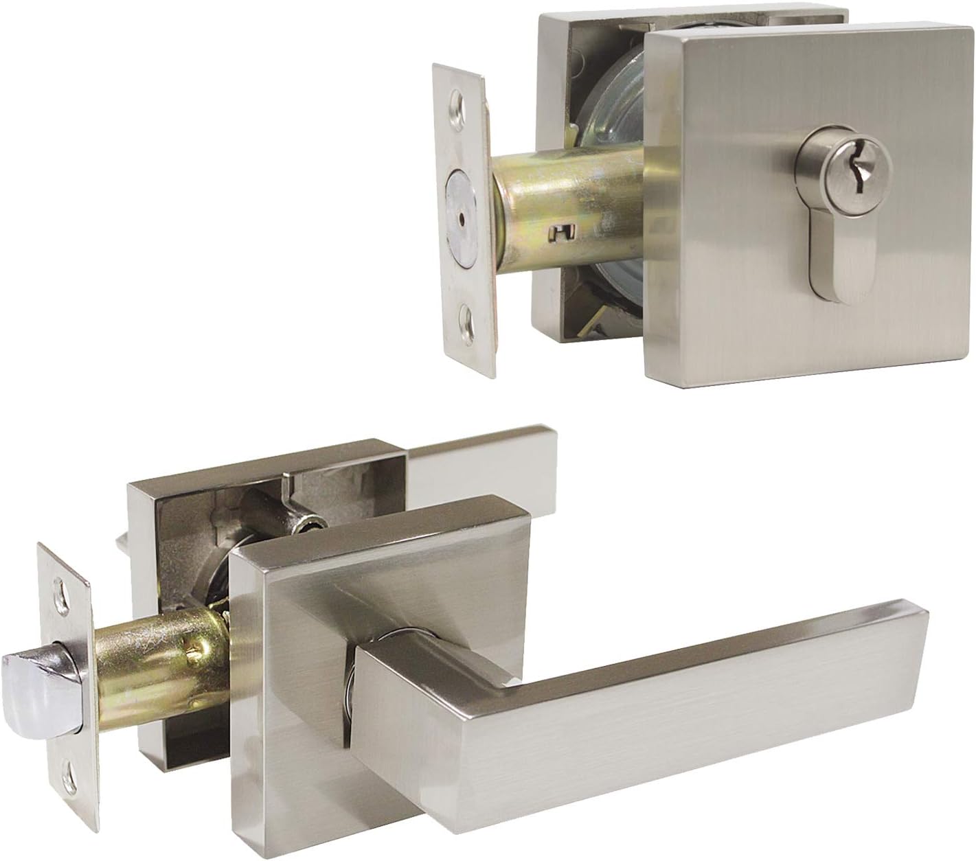 Probrico Flat Black Passage Door Lever with Single Cylinder Deadbolts Combo Pack, Modern Square Lock Set Handleset,Exterior Door Handle and Deadbolts Set,Exterior Door Lever Passage Pack of 2