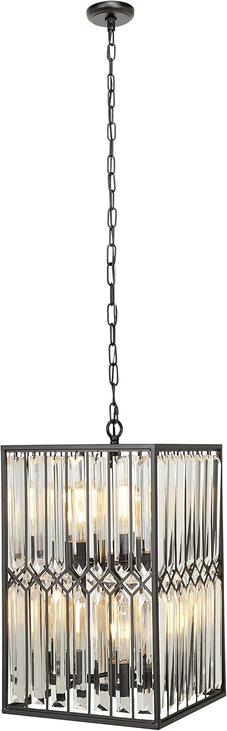 Deco 79 Large Rectangular Black Metal and Beveled Glass Chandelier with Edison Bulbs, 13&rdquo; x 22&rdquo;
