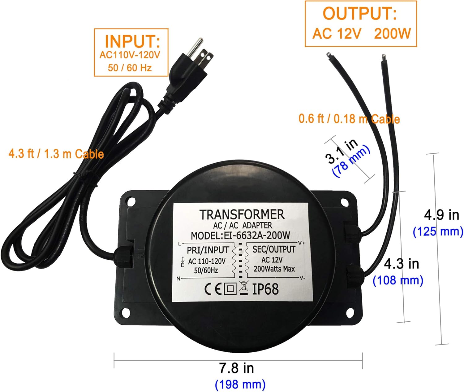 CNBRIGHTER Waterproof 12V AC Transformer 200W,110V-120V AC to 12V AC LED Power Supply, Voltage Converter LED Driver,Adapter for Outdoor Landscape Lighting/Swimming Pool Light (200 Watts)