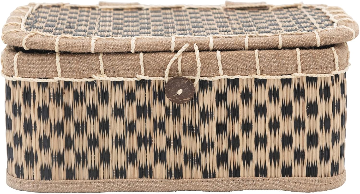 Bloomingville Hand-Woven Coastal Seagrass Lid and Shell Button Closure Storage Box, Natural & Black