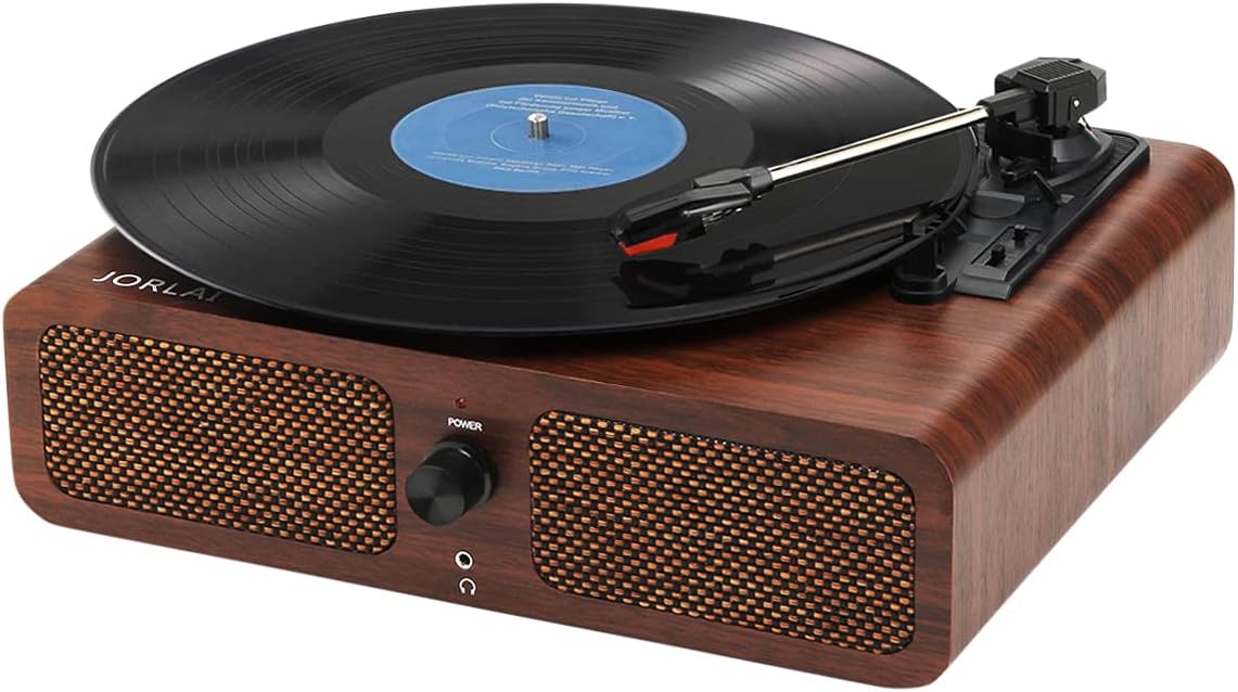 JORLAI Record Player Bluetooth Turntable with Stereo Speakers, 33/45/78 RPM Vinyl Player, LP Record Player, Support USB RCA Output Aux Input Headphone Playback (P-T107-Wood) Pack of 2