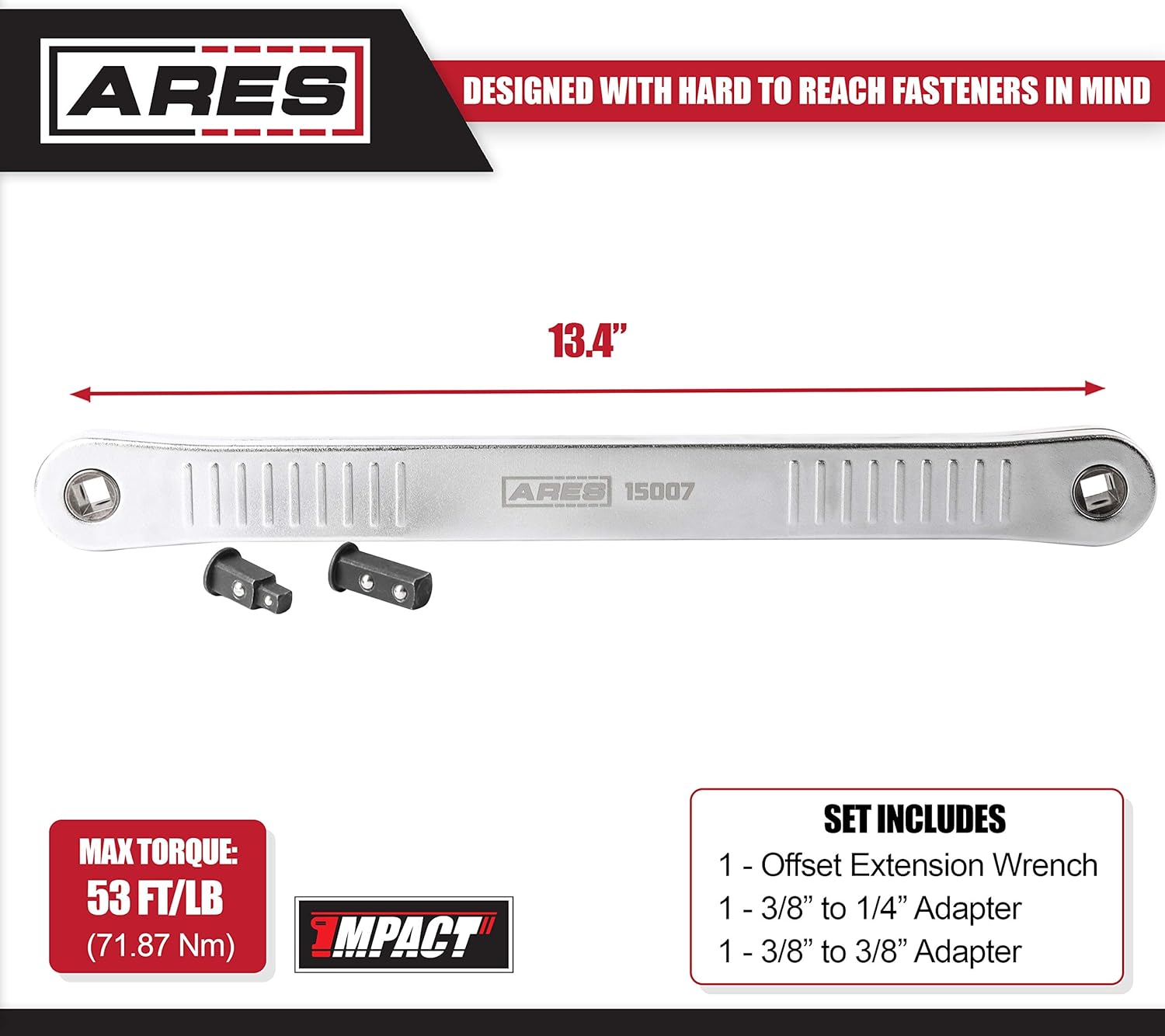 ARES 15007 - Offset Extension Wrench - Includes 1/4-Inch & 3/8-Inch Square Drive Adapters - 0 Degree Swing Arc for Access to Confined Fasteners - For Use with Impact & Pneumatic Wrenches Pack of 2