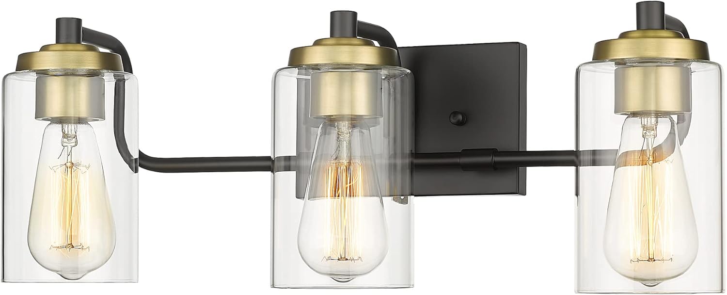 TOUNISAR Vanity Lighting Fixtures - 3-Light Industrial Bathroom Vanity Light with Clear Glass, Black Vanity Light in Matte Black and Brushed Brass Metal Finish for Bathroom, V9025-3 BK+BR