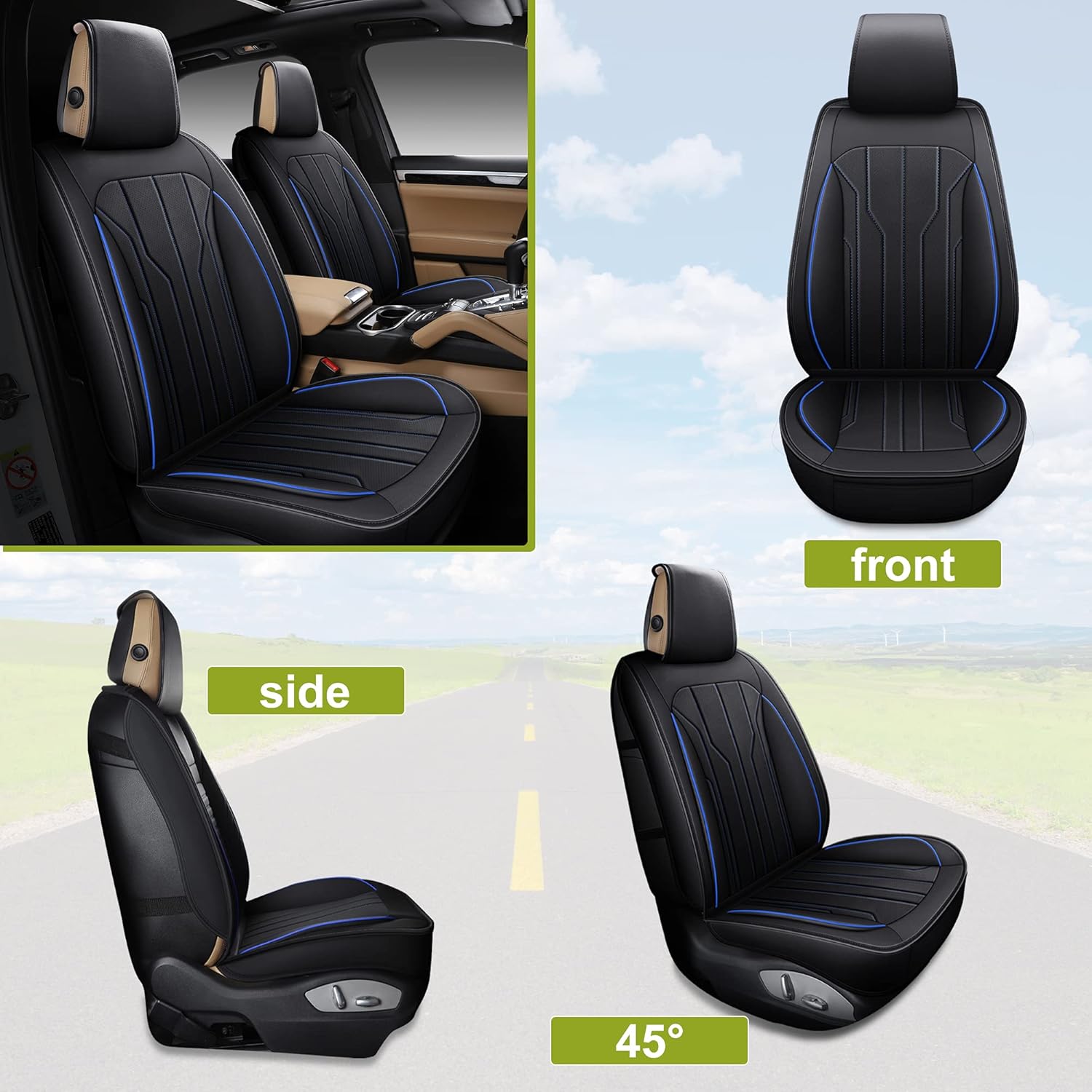 AOOG Leather Car Seat Covers, Leatherette Automotive Seat Covers for Cars SUV Pick-up Truck, Non-Slip Vehicle Car Seat Covers Universal Fit Set for Auto Interior Accessories, Front Pair, Black&Blue