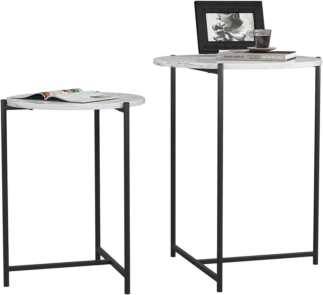 Noskatu Modern Round Nesting Side Table Set of 2 Faux Marble Top Side Table Metal Base End Table for Small Spaces and Living Room (Gold) Pack of 2