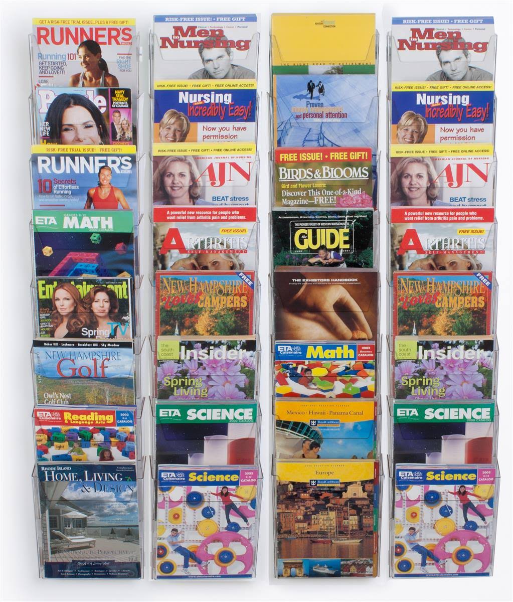 Wall Mounted Magazine Rack with Tiered Design, 32 Half View Pockets or 8.5 inch x 11 inch Catalogs, Clear Plastic (2uprm9hfx4)