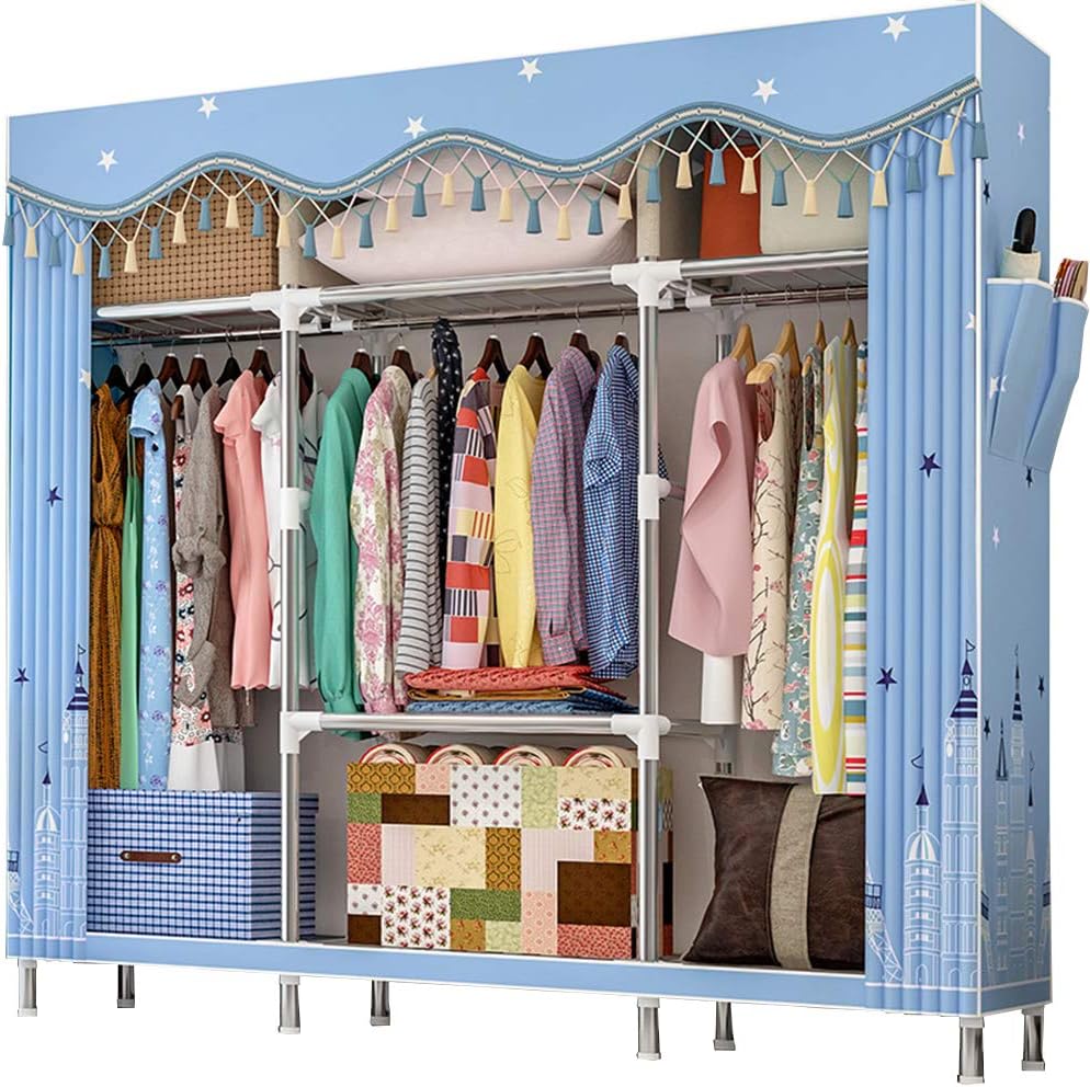 ZZBIQS Extra Large Wardrobe Storage Closet Portable Organizer Shelves Rack, Flannel Fabric Cover Standing Closet with Hang Rod and 2 Side Pockets(Romantic Love)