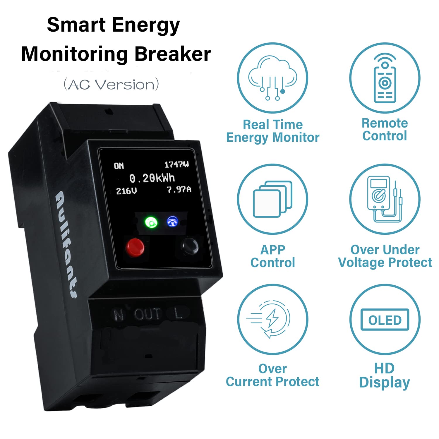 APP Remote Turn ON Off Schedule Save Money Smart Energy Monitor Switch Breaker Single Phase AC Electricity Usage Real Time WiFi Over Under Current Voltage Protect Google Assistant Alexa