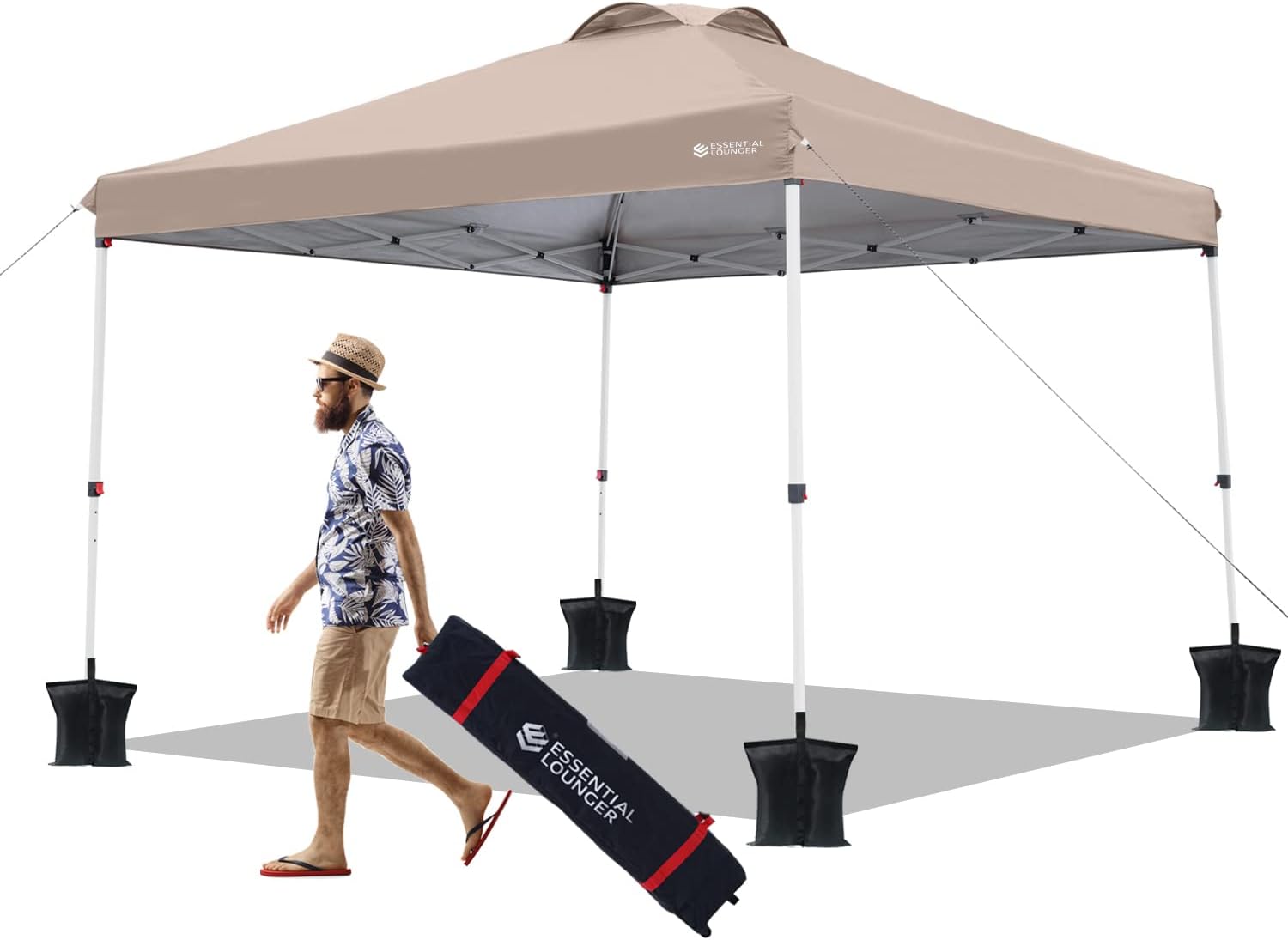 ESSENTIAL LOUNGER 10'x10' Pop-up Canopy, Easy Up Beach Tent Outdoor Instant Canopy with Wheeled Bag, with 4 Canopy Sand Bags, Stake and Ropes (Grey)