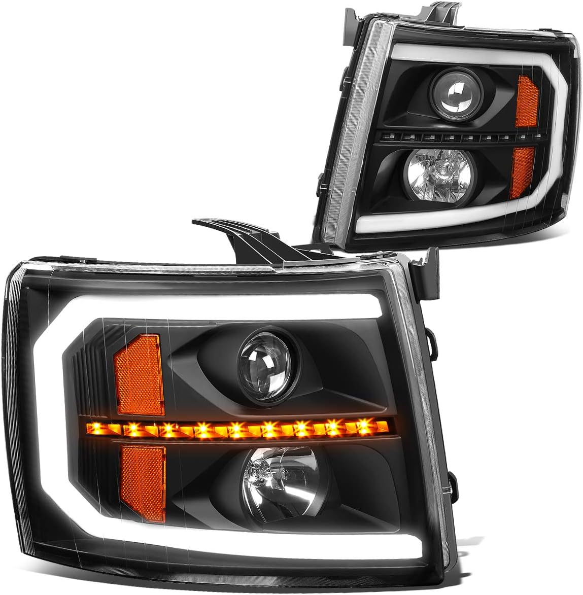 [Halogen] C-Tube LED DRL Sequentail Amber Turn Signal Projector Headlights Assembly Compatible with 2007-2013 Chevy Silverado 1500 2500HD 3500HD, Driver and Passenger Side, Black Housing