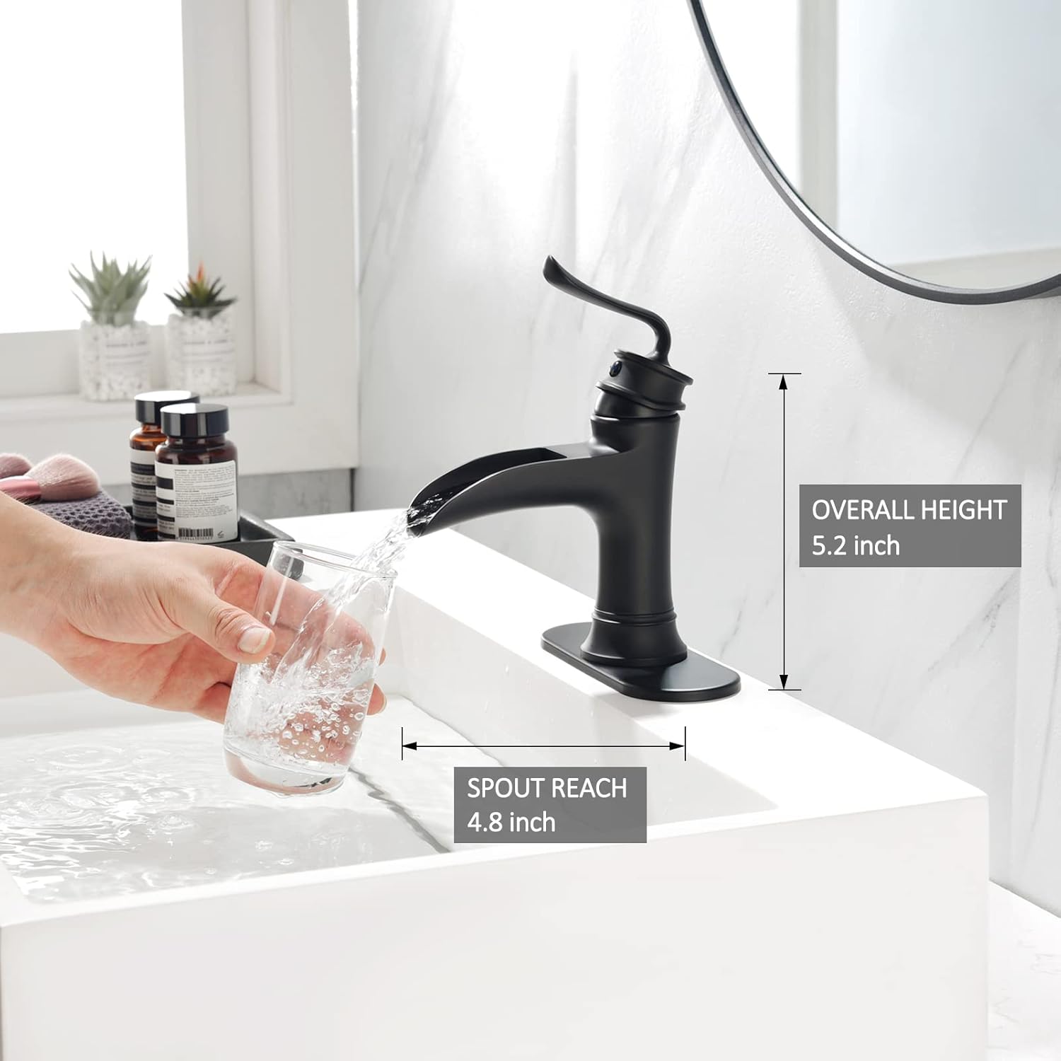 Bathroom Faucet Matte Black with Stunning Look Waterfall Spout Suitable for Single Hole or 3 Hole Bathroom Sink Restroom Vanity Lavatory Basin Brass Construction Grifo de Ba&ntilde;o