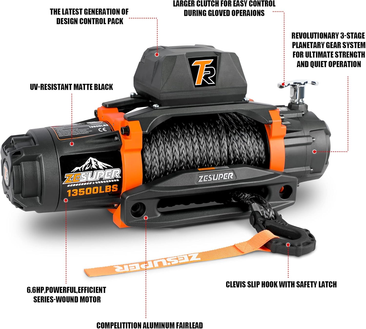 ZESUPER 12V 13500 lb Load Capacity Electric Winch Synthetic Rope Hook Winch Kit Waterproof IP66 Electric Winch with Hawse Fairlead and 2 in 1 Wired Handle and Wireless Remote
