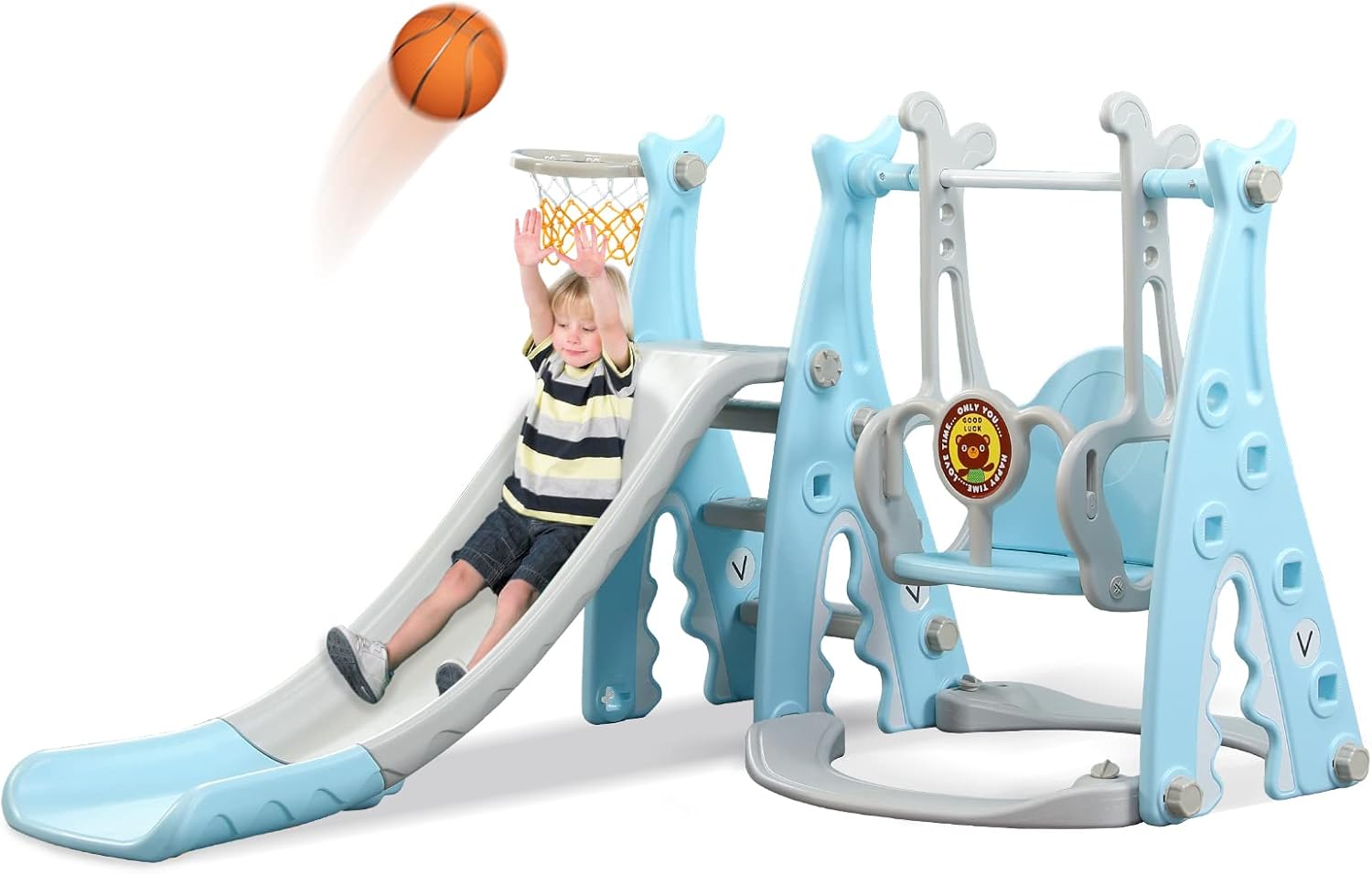 Toddler Slide and Swing Set 4-in-1 Baby Slide Set with Basketball Hoop Kids Fun Playing Climber Sliding Playset Safe Slide for Children Easy Set Up for Indoor Outdoor in Your Beautiful Backyard (Blue)