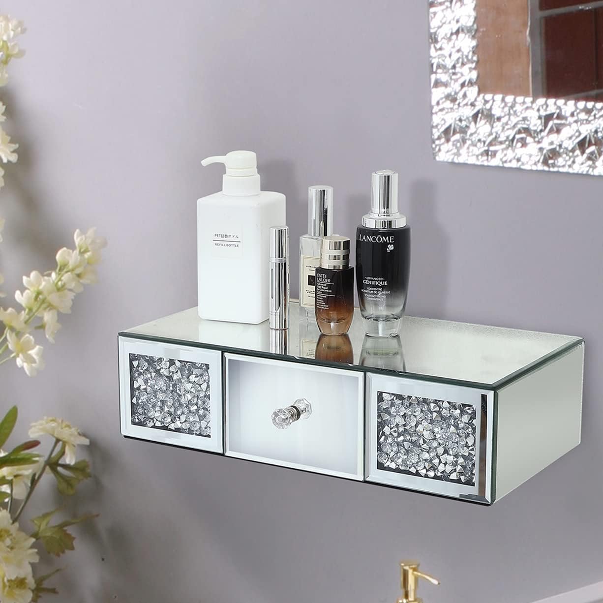 TACIDON Mirrored Floating Shelf with Drawer.Crystal Diamond Mirrored Wall Shelf.Gorgeous Wall- Mounted Mirror Shelf for Hallway,Bathroom,Bedroom.(15&rdquo;x8&rdquo;x4&rdquo;