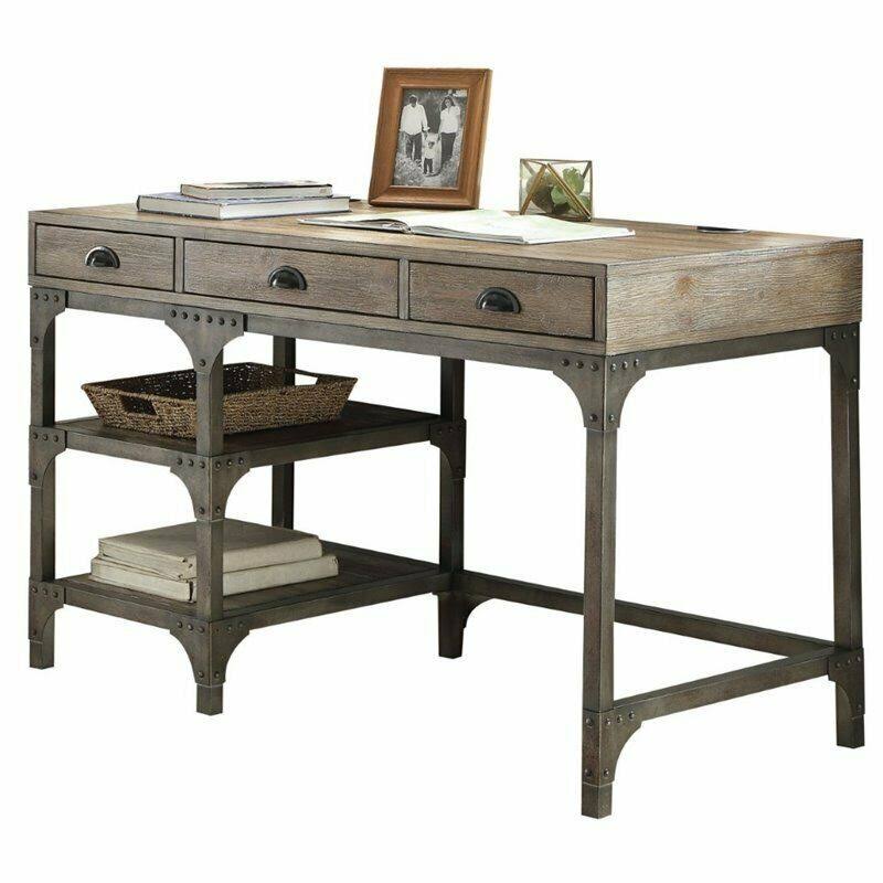 Acme Furniture Acme Gorden Writing Desk in Weathered Oak and Antique Silver