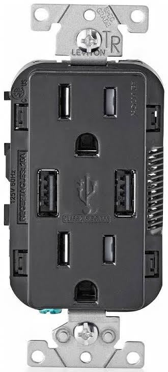 Leviton 15 Amp Decora Combination Tamper Resistant Duplex Outlet and USB Charger, Black (9-Pack)
