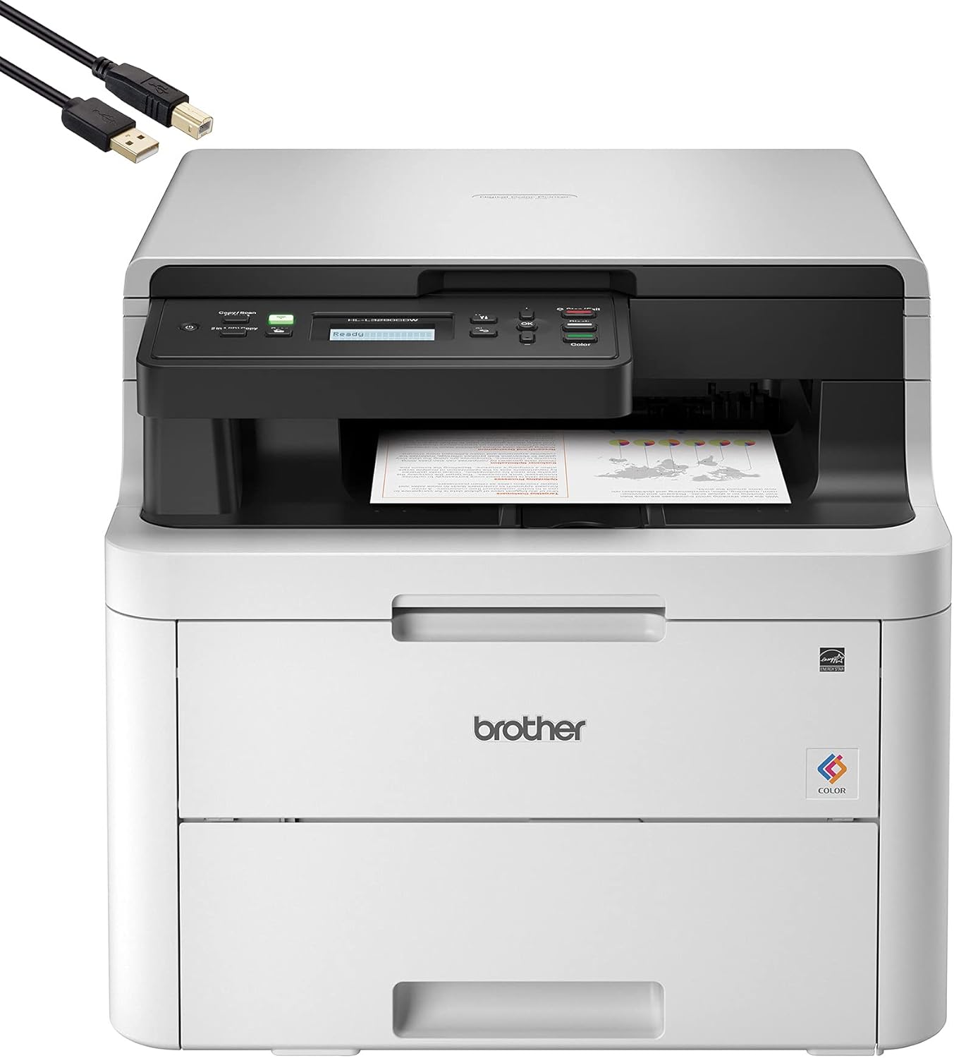 Brother HL-L3290CDW Compact Digital LED Color All-in-One Printer for Home Office with Convenient Flatbed Copy & Scan, Plus Wireless Duplex Printing, 25 ppm, 600x2400 dpi - BROAGE 6 Feet Printer Cable