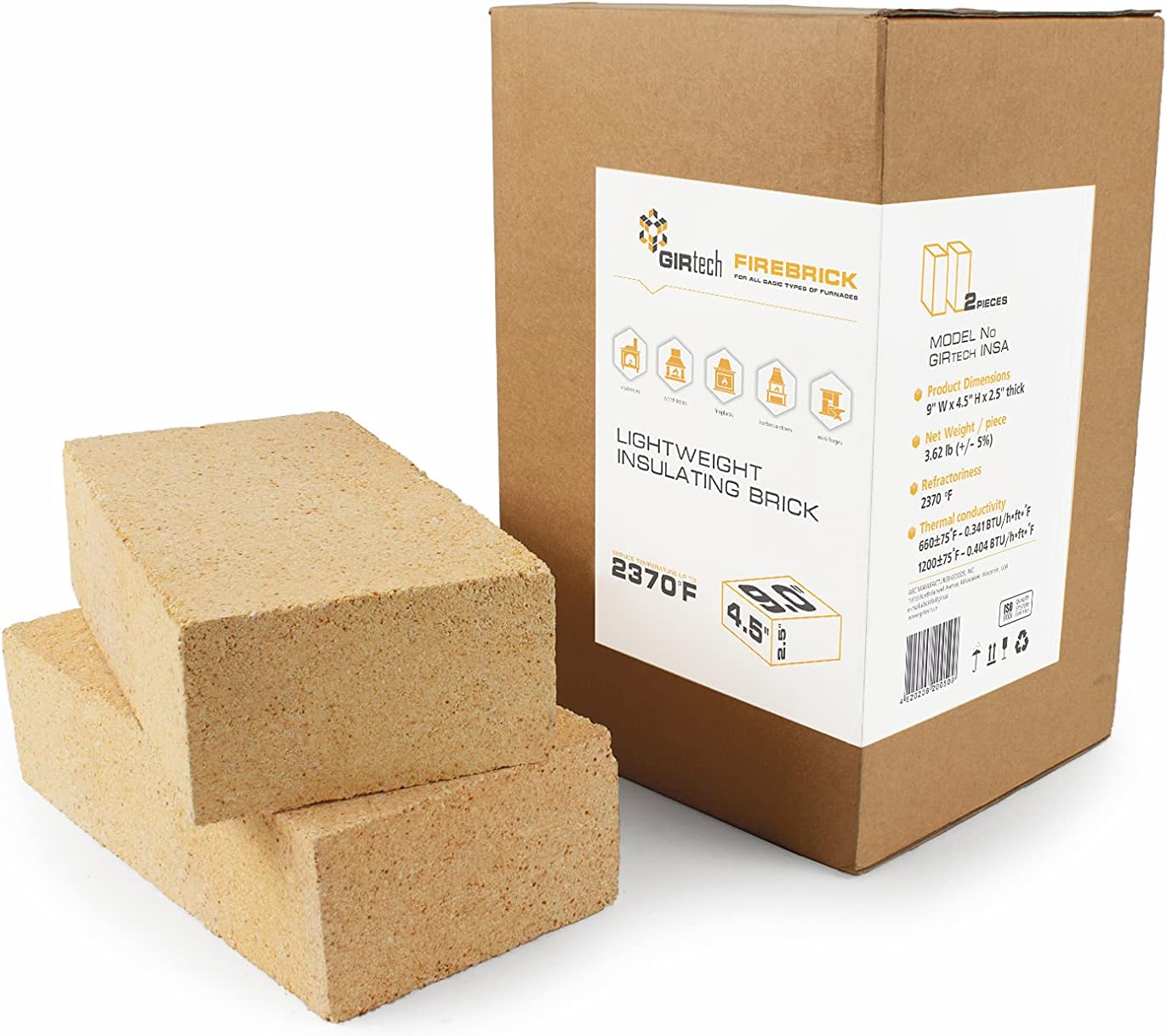 GIRtech INSA-2 Insulation Fire Brick, 2-Pack, for Kilns, Forges, Metal Clay Firing, Jewelry Soldering, 2370 &deg;F Rated
