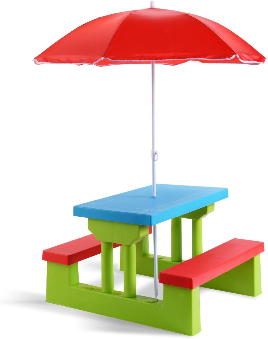 Costzon Kids Picnic Table, Indoor & Outdoor Table and Bench with Removable Umbrella, Portable Picnic Table Bench Set for Toddlers, Great for Garden, Backyard, Patio (Red & Green)