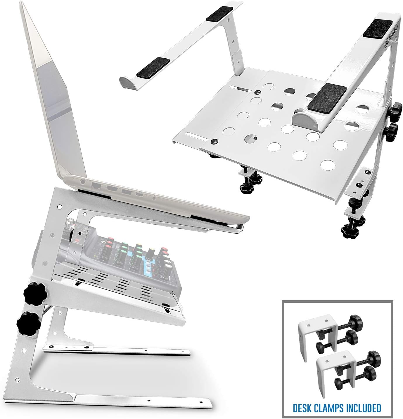 AxcessAbles LTS-03 Two Tier Adjustable Laptop Stand with Desk Clamps, Height Adjust, Compact Mixers, Audio Interfaces, DJ Controllers, Game Consoles (White)