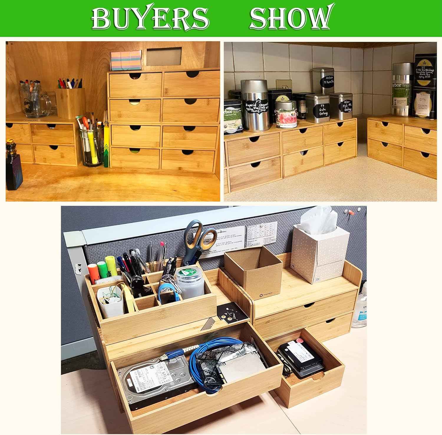 Wisdture Mini Storage Box with Drawers,Practical Office Storage Bins,Bamboo Desk Sets and Accessories Suitable for Office,Bedroom,Dressing Table,Large Desk Organizer(3 Drawer with Tall Drawer)