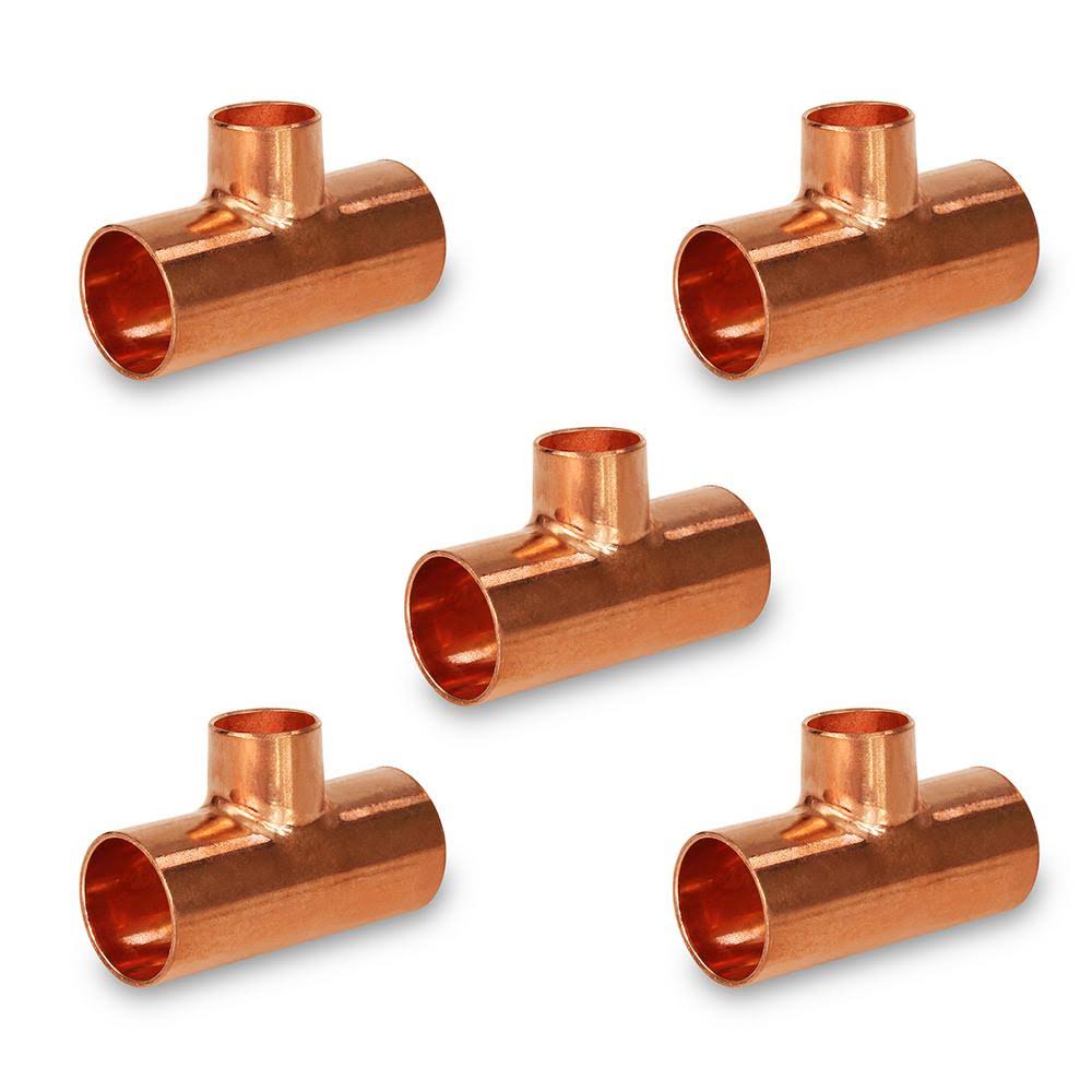 The Plumber's Choice 1-1/2 in. x 3/4 in. x 1 in. Copper Reducing Tee Fitting with Solder Cups (5-Pack), Brown