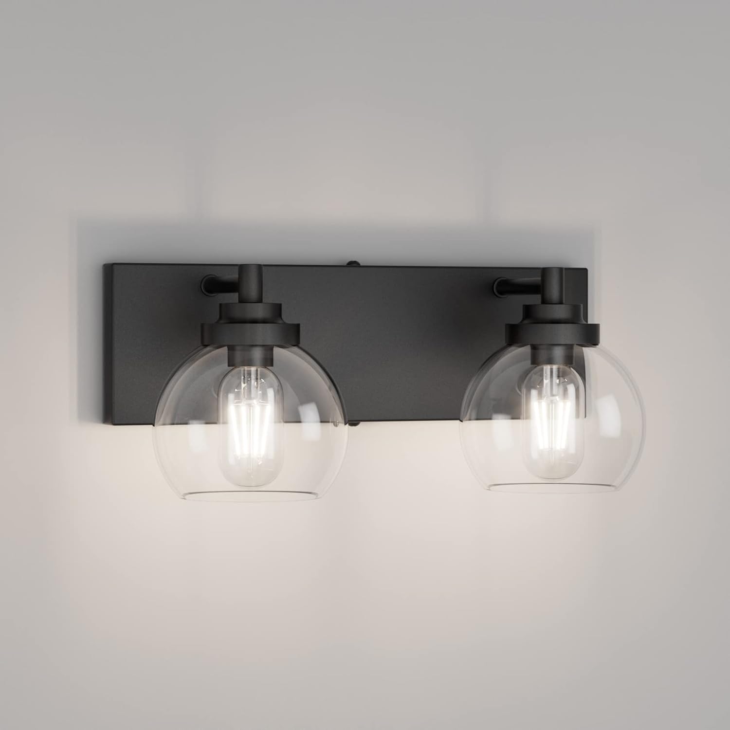 Tipace 2 Lights Industrial Bathroom Vanity Light Fixtures Over Mirror Black Vintage Vanity Lights with Globe Clear Glass Farmhouse Wall Sconces Fixture(Exclude Bulb)