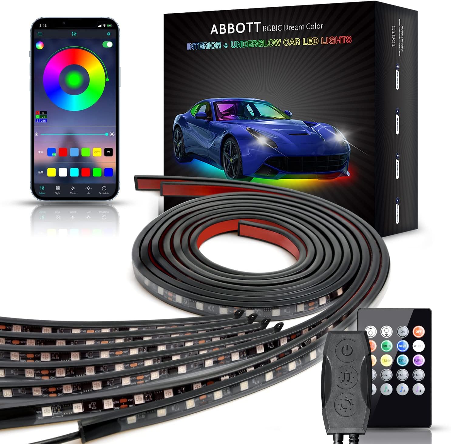 Abbott 4+4 Car lights Underglow Exterior and Interior, Footwell Neon Car RGB Led Lights Strip Kits, with Bluetooth APP Control & Wireless Remote for Cars Vehicle Trucks SUV Pack of 2
