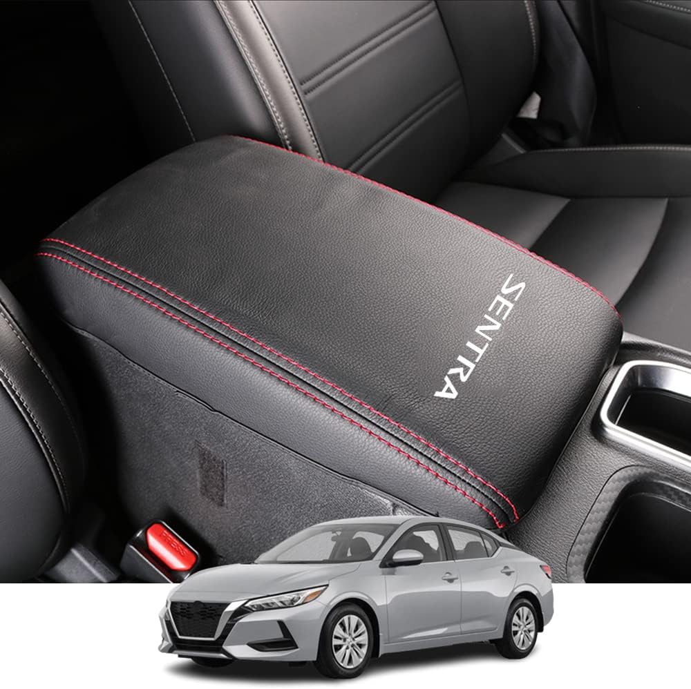 Kakash Custom Interior Accessories for Nissan Sentra 2020 2021 2022 Leather Center Console Cover Armrest Pad,Waterproof Anti-Scratch Protector Your Armrest(White Stitches)
