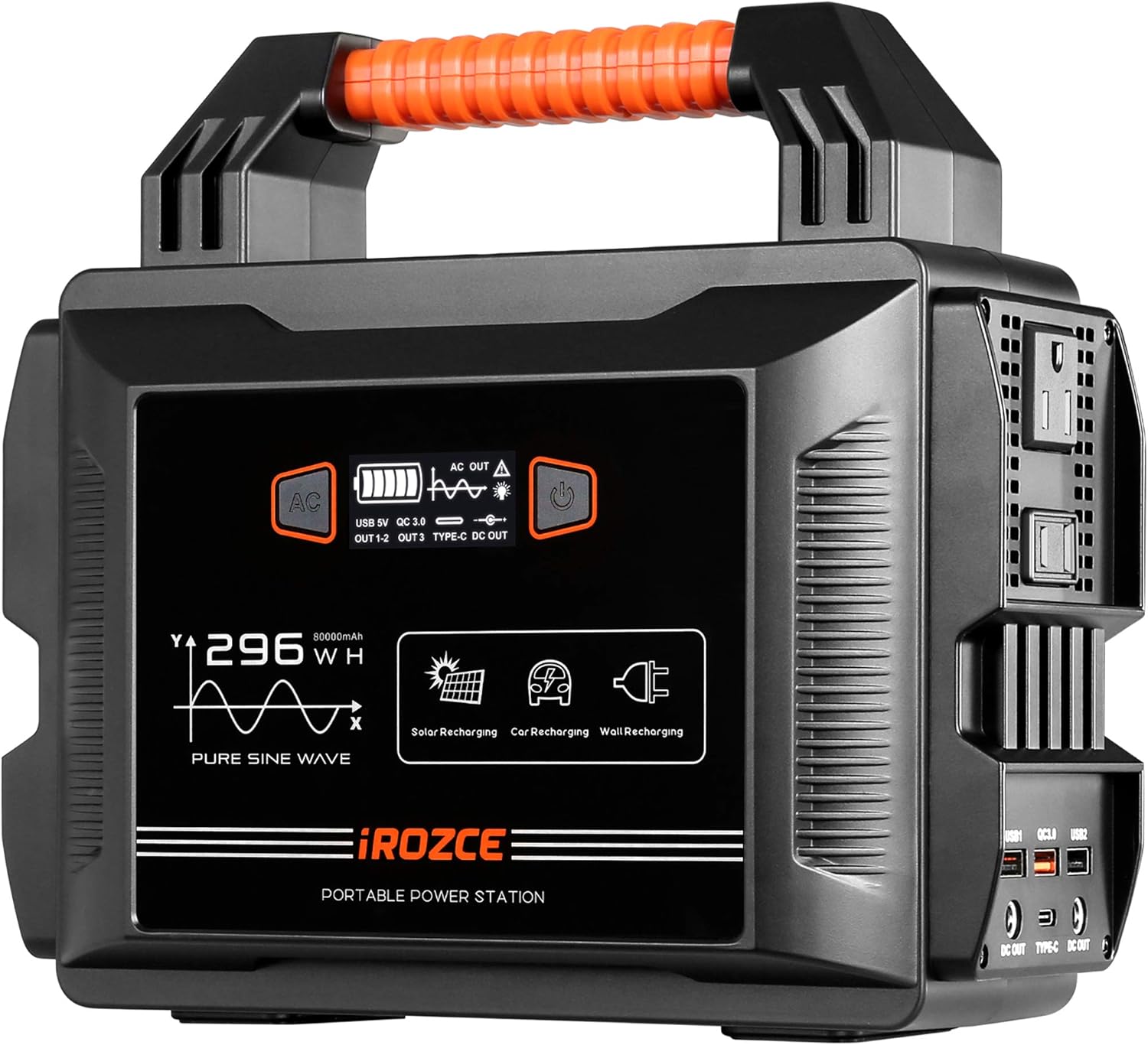 iRozce 300W Portable Power Station, 296Wh Solar Generators with 80000mAh Lithium Battery, CPAP Backup Power Supply with 110V Pure Sine Wave AC Outlet, QC 3.0& Type C, Flashlight for RV, Emergency (Grey-300W)